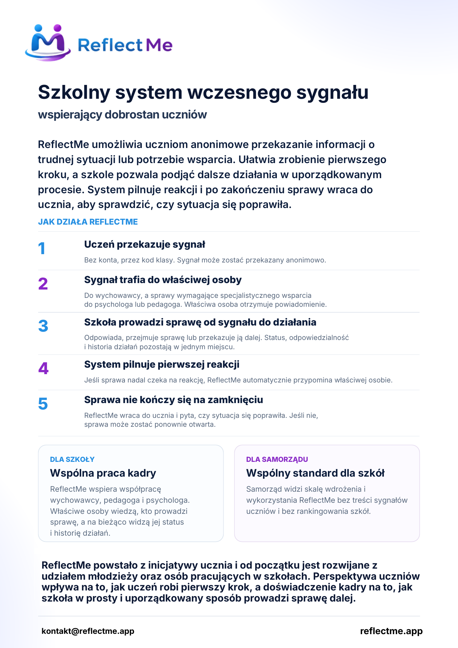 One-pager ReflectMe: Szkolny system wczesnego sygnału